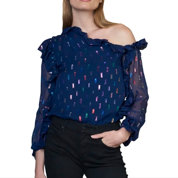 Monique Lhuillier Silk Blouse Women's Medium Metallic Asymmetrical Ruffles - Picture 1 of 9